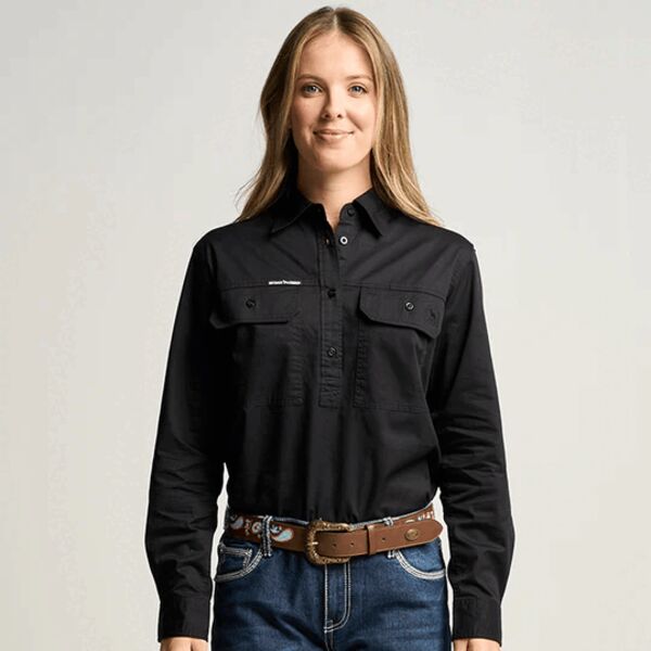 SOMERSET | Womens Half Button Long Sleeve Work Shirt - Black Thumbnail